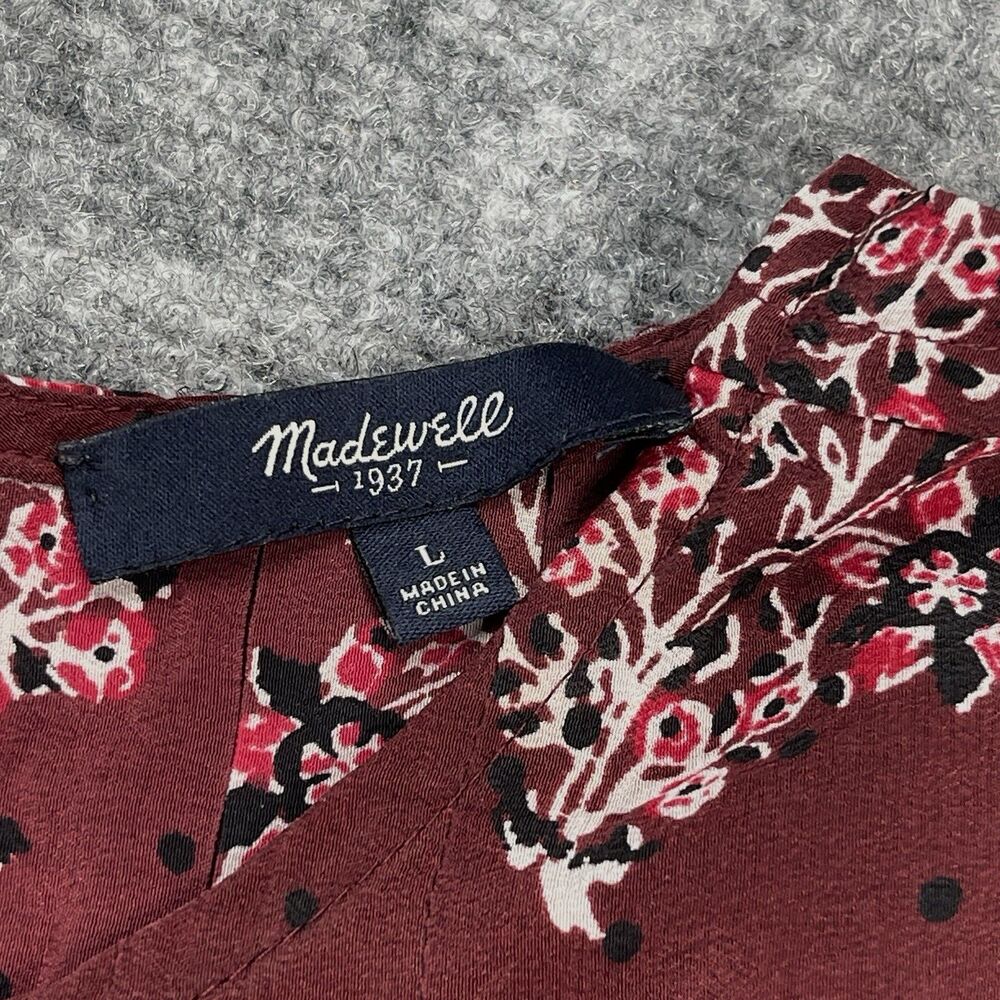 Madewell Silk Garden Top Size Large Maroon Lassi Flower Cap Sleeve Pleated - Picture 3 of 8